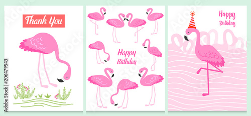Flamingo or tropical birds illustration for party card. Summer exotic background. Vintage cute banner or spring holiday set.