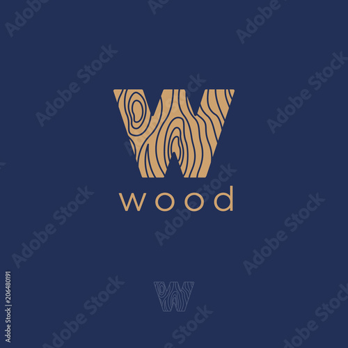 W flat logo. W wood emblem. Letter W with a wooden texture on a dark background. Monochrome contour option.