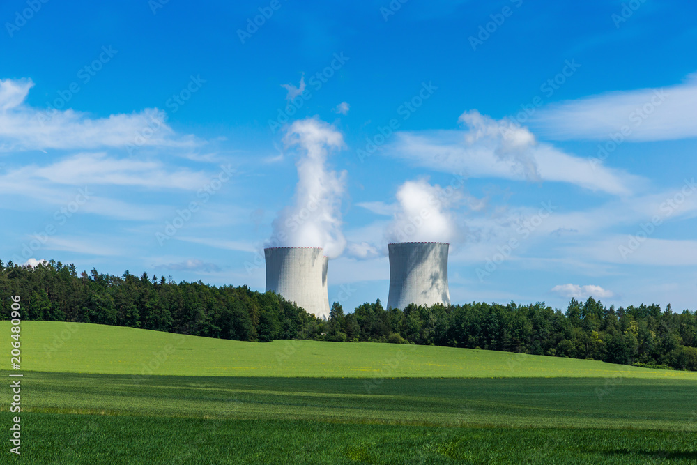 Nuclear power plant Temelin and green field in Czech Republic. Europe.