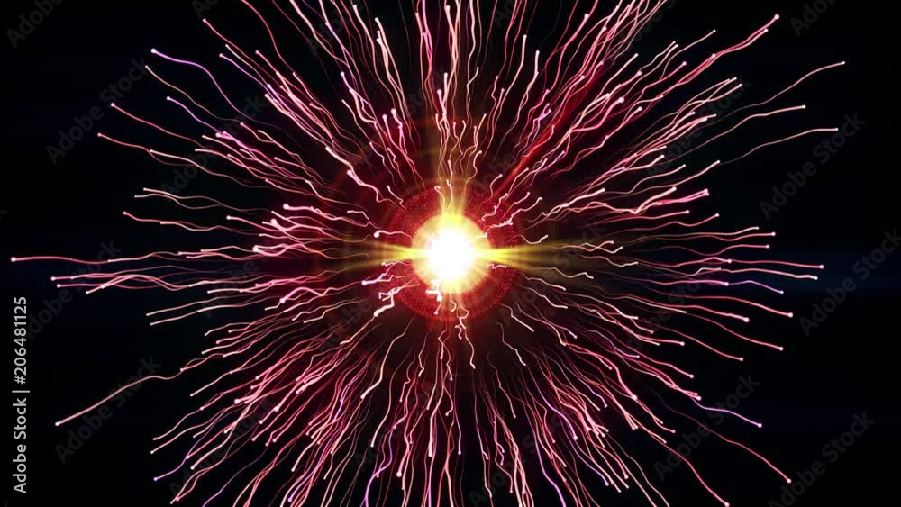 Particle collision and explosion. Bright pink particles with streams collide and create explosion shockwave with trails. Spherical multicolored explosion with flares isolated on black background. 4K