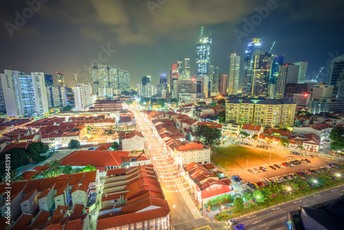 Photography Vintage tone aerial view of Chinatown street is decorated with colorful paper lanterns for Mid-Autumn festival in Singapore