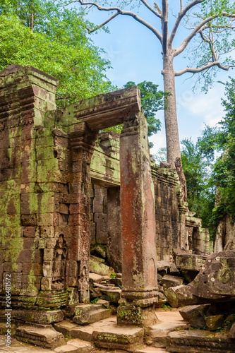 A reddish door frame ruin with bas-reliefs surrounded by collapsed stones in the famous Ta Prohm temple ruins in Angkor, Siem Reap, Cambodia.