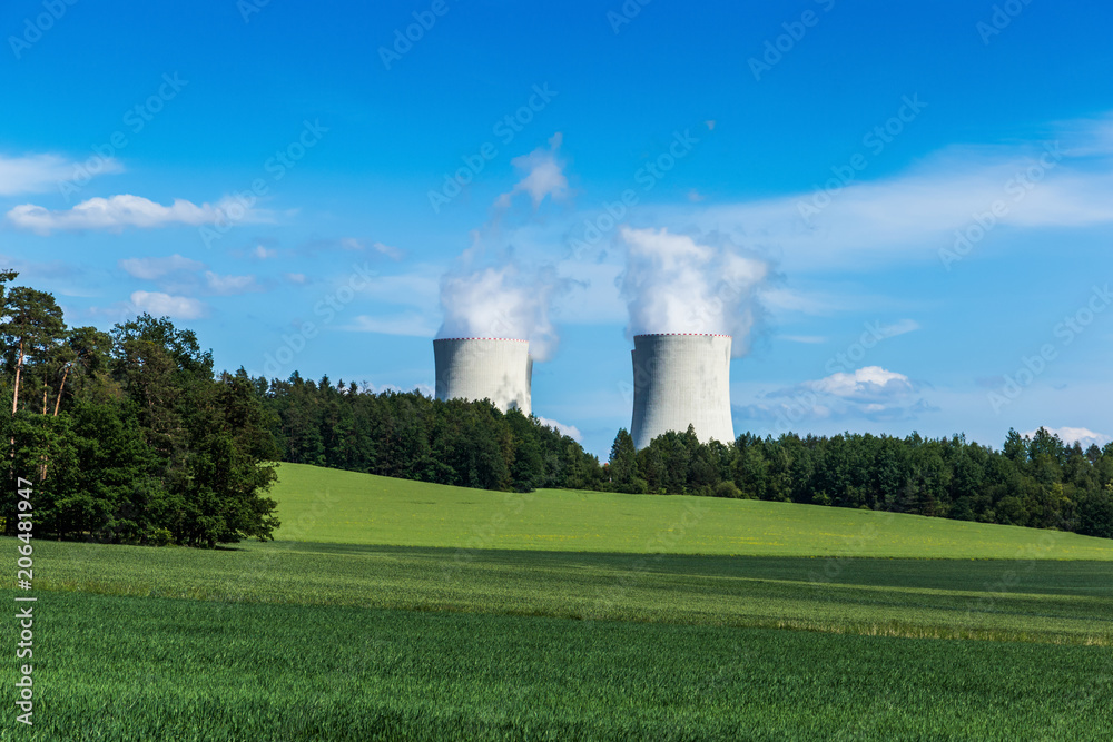 Nuclear power plant Temelin and green field in Czech Republic. Europe.