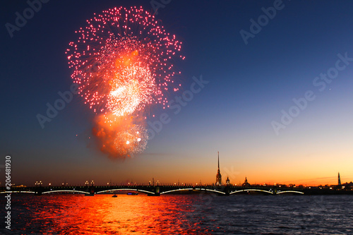 beautiful fireworks in St. Petersburg Neva river