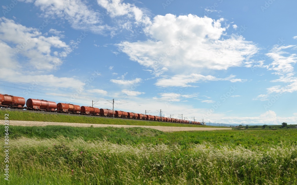 A freight train going from left to right between green grass meadow in front and cloudy sky