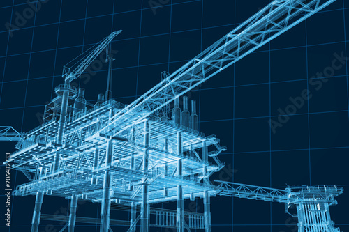 Fototapeta Naklejka Na Ścianę i Meble -  3D rendering , Blue screen Oil rig constructtion plant.