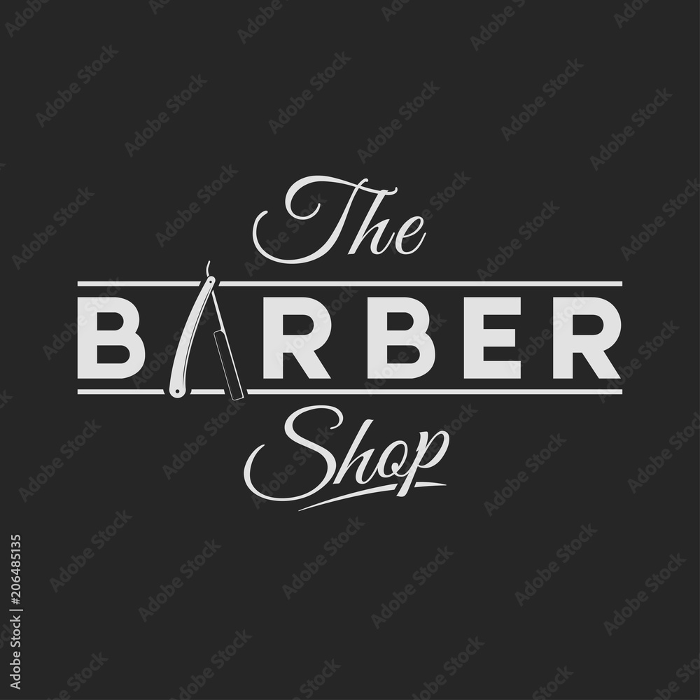 Barbershop logo. Vintage set barber logo with razor, shaver, scissors, hair, haircut, mustache and beard. Gentleman club, Barbershop allience logos.