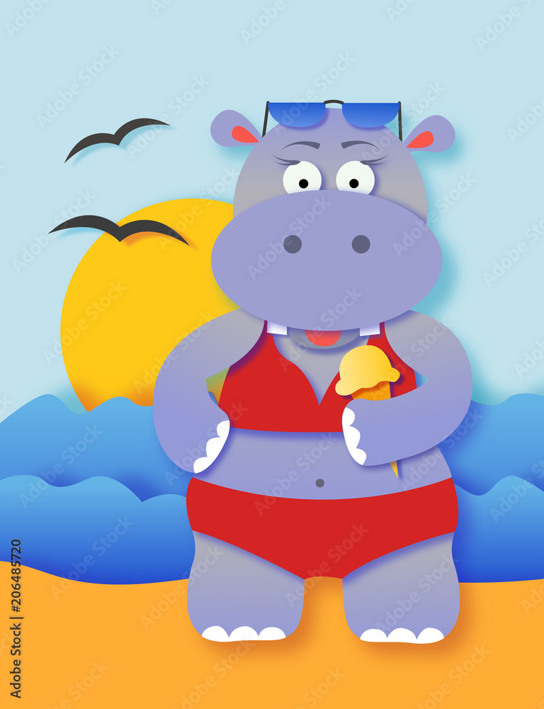 Cute summer hippo girl on a beach cartoon illustration Cute summer hippo girl on a beach cartoon illustration