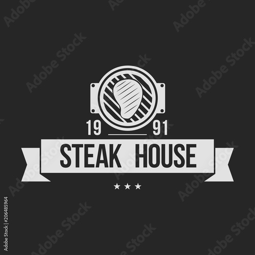 BBQ grill party. Barbecue set logo with grill, steak, knife, meat, wine and beer. Hot eat, Hot dog. Grill party.