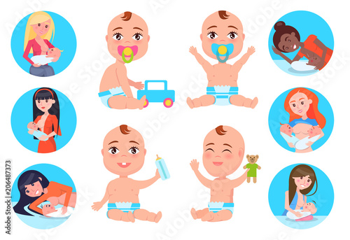 Baby and Breast Feeding Set Vector Illustration