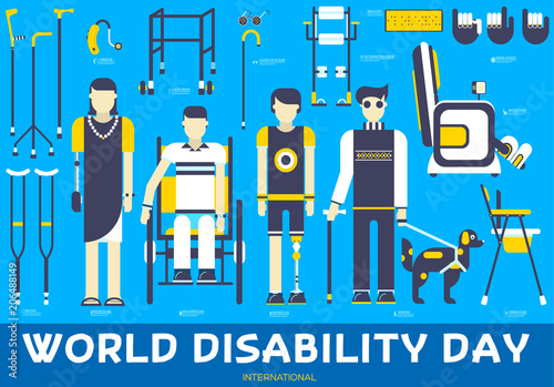 Care people with disabled illustration concept. Flat World disability day icons set illustrations. Vector elements for mans help background