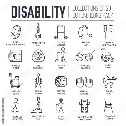 Care people with disabled thin line illustration concept. Flat outline world disability day icons set illustrations. Vector elements for mans help background