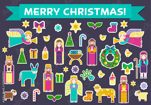 Merry Christmas sticker icons flat set background. Vector birth of Christ illustration background concept.