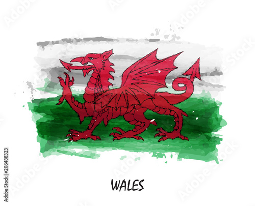 Realistic watercolor painting flag of Wales . Vector