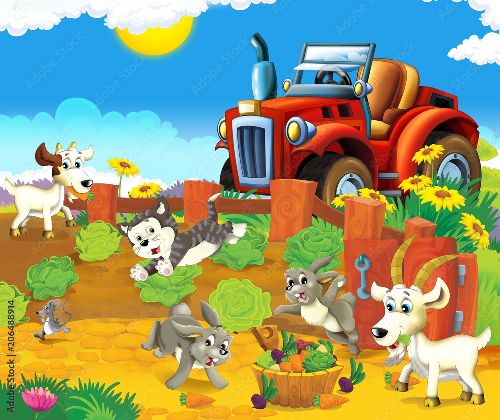 Fototapeta premium cartoon scene with happy young animals and tractor in the garden - illustration for children 