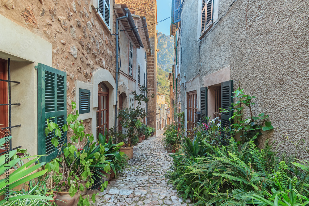Narrow street with plants decorating the facades in Fornalutx town. Peaceful mediterranean village surrounded by Serra de Tramuntana mountains in Balearic Islands.