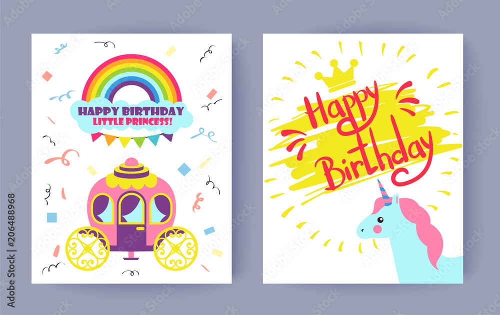 Happy Birthday Postcards Set Vector Illustration