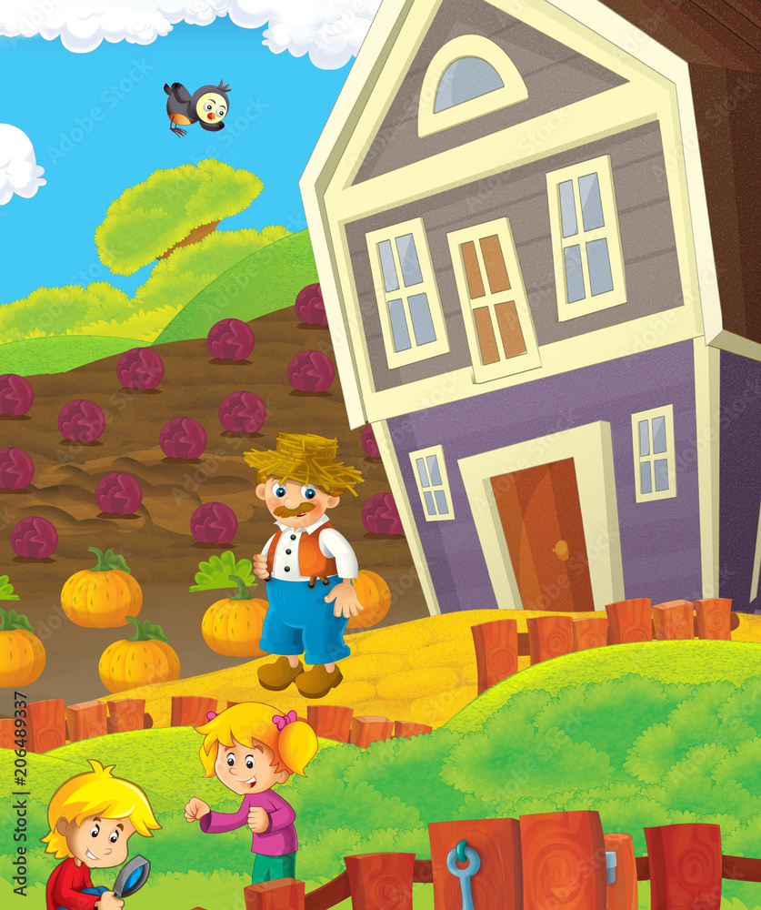 Naklejka premium cartoon scene with farmer and kids on the farm - illustration for children