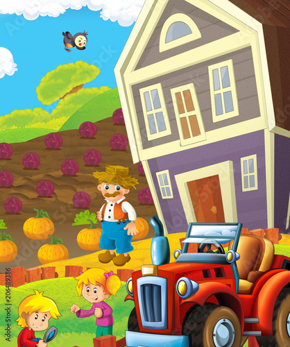 cartoon scene with happy farmer and children on the farm - illustration for children 