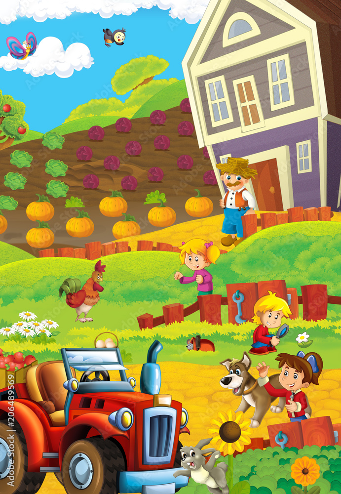 cartoon scene with happy young children and farmer on the farm - tractor for different tasks - illustration for children cartoon scene with happy young children and farmer on the farm - tractor for different tasks - illustration for children