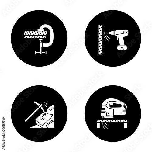 Construction tools glyph icons set
