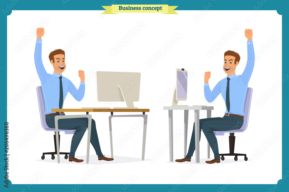 Male office worker poses sitting at computer with tablet having coffee brake cartoon characters set vector illustration