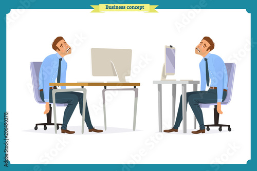 Male office worker poses sitting at computer with tablet having coffee brake cartoon characters set vector illustration
