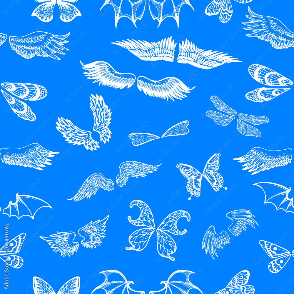 Fototapeta premium Wings vector flying winged angel with wing-case of bird and butterfly with wingspan illustration black wing-beat tattoo silhouette set seamless pattern background