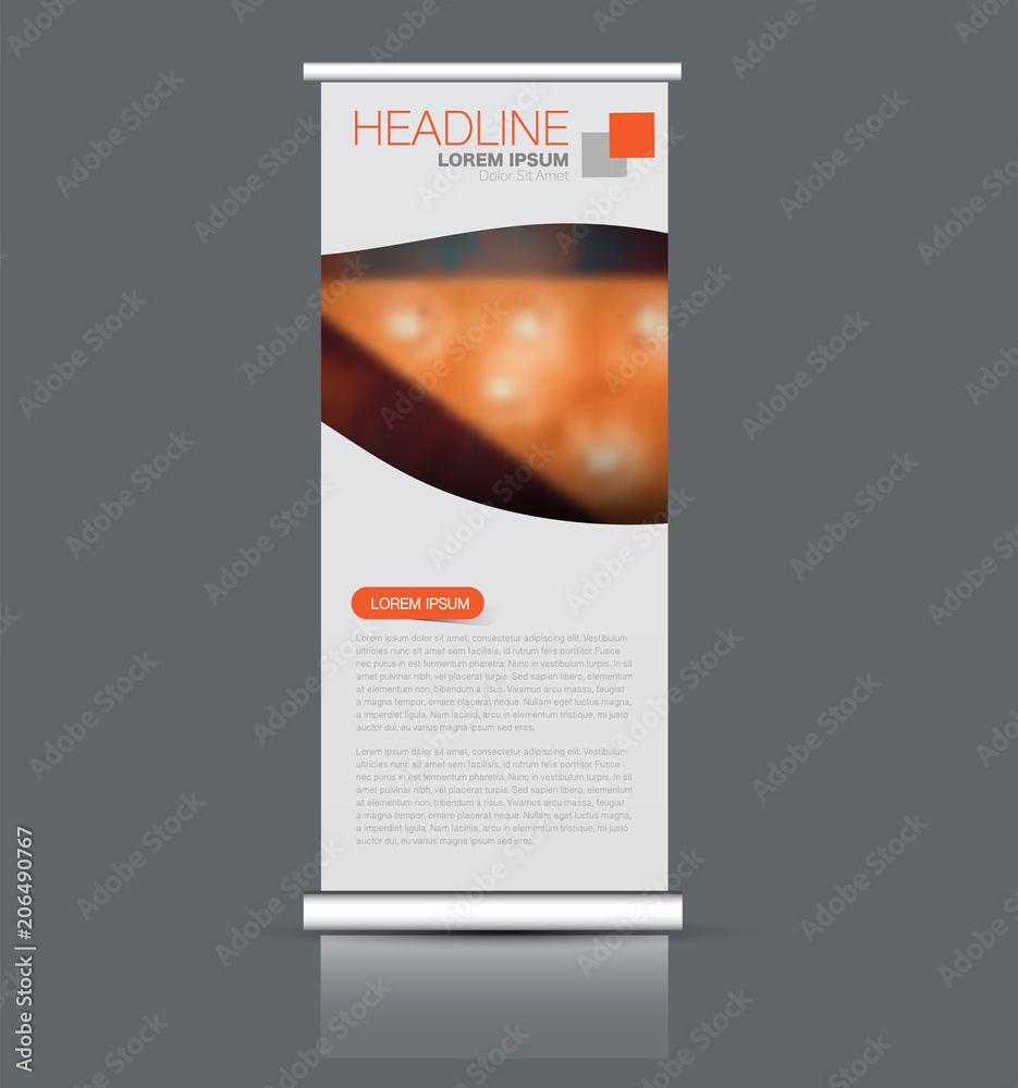 Fototapeta premium Rollup vertical banner stand template. Abstract background concept for business, education, presentation, advertisement. Editable vector illustration. Orange color.