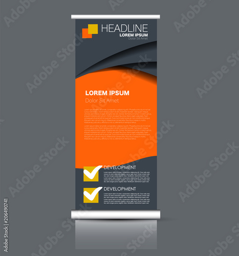 Rollup vertical banner stand template. Abstract background concept for business, education, presentation, advertisement. Editable vector illustration. Orange color.
