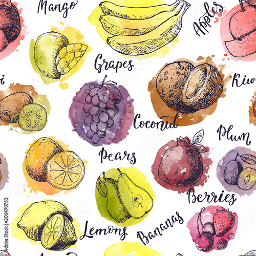 Fruits vector fruity apple banana and exotic mango with fresh slices and watercolor logo of tropical fruit with lettering sign illustration fruitful set seamless pattern background