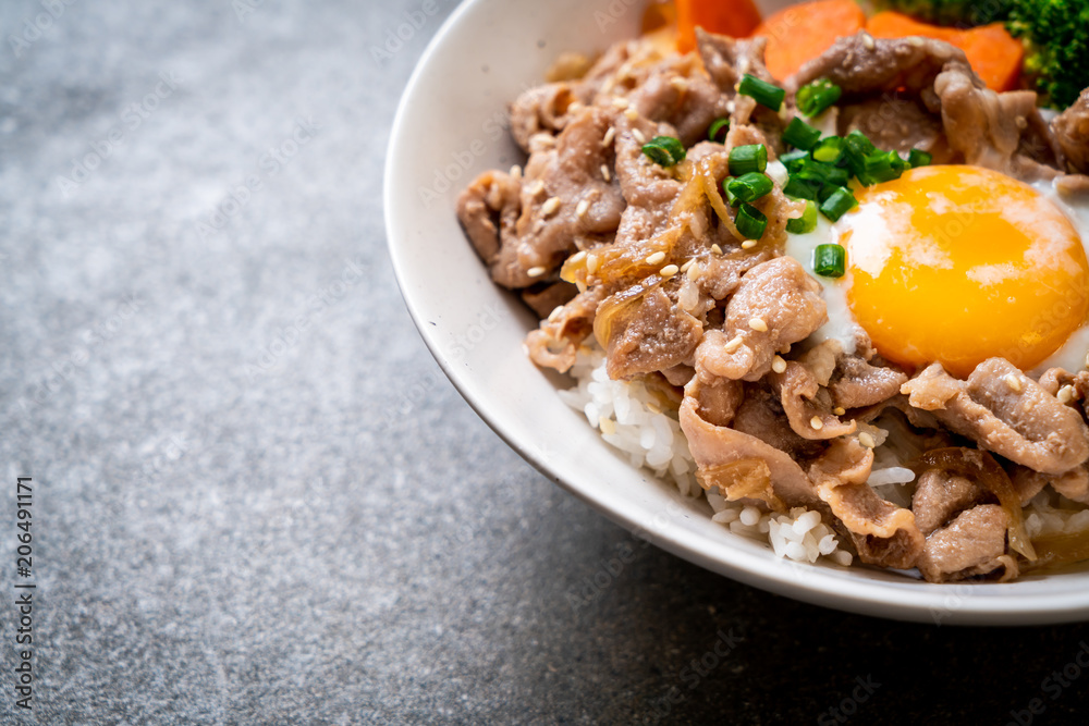 donburi, pork rice bowl with onsen egg and vegetable donburi, pork rice bowl with onsen egg and vegetable