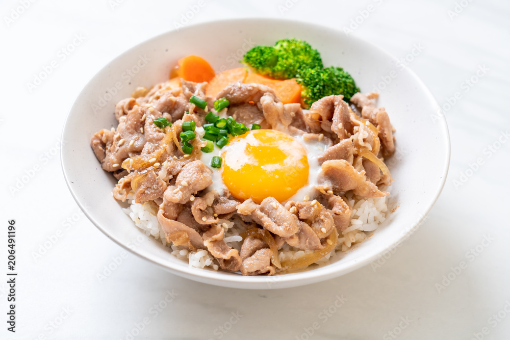 donburi, pork rice bowl with onsen egg and vegetable