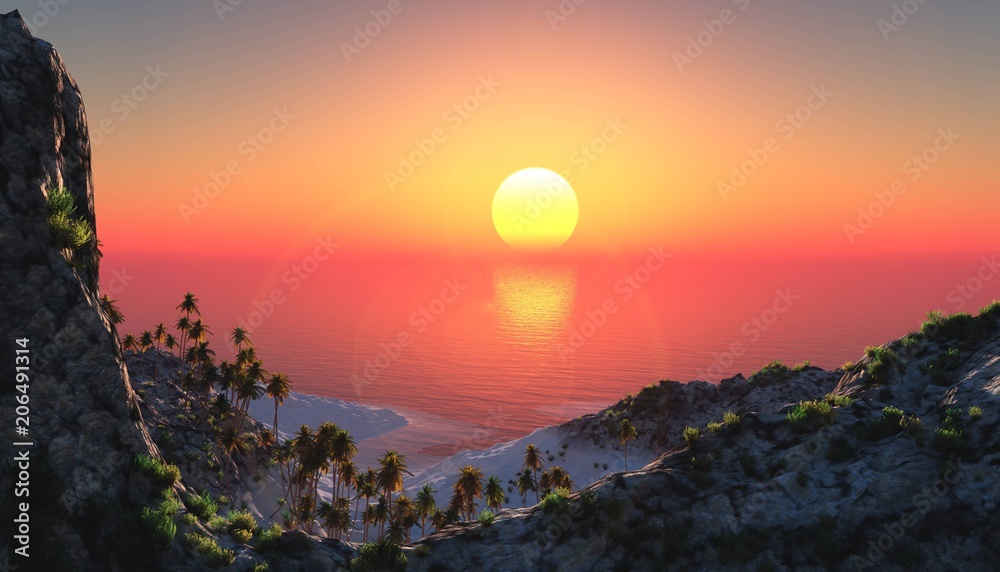tropical beach with palm trees at sunset, bay at sunrise, lagoon at sunset,
3D rendering
