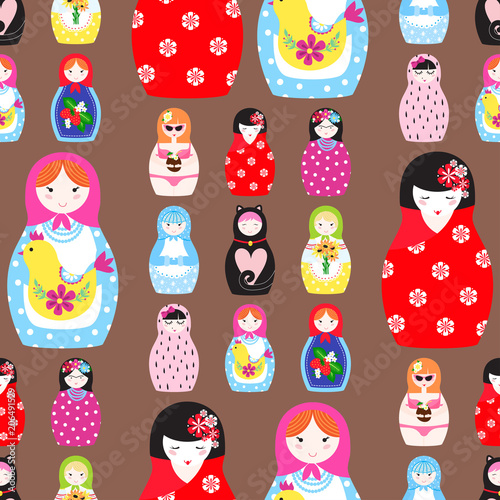 Matryoshka vector traditional russian nesting doll toy with handmade ornament figure pattern with child face and babushka woman souvenir seamless pattern background illustration.