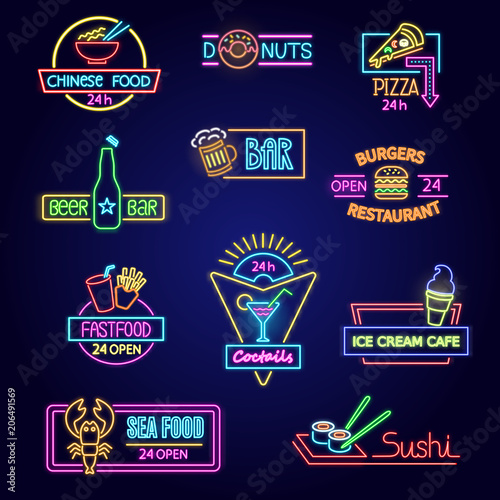 Neon food vector glowing illuminated advertisement of fastfood beer bar or restaurant illustration set of advertising signboard design of different colors isolated on background