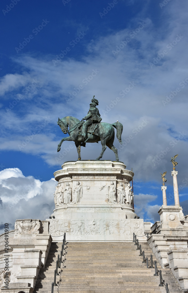 The Altare della Patria or Il Vittoriano, is a monument built in honor of Victor Emmanuel, the first king of a unified Italy, located in Rome. bronze of Victor Emmanuel