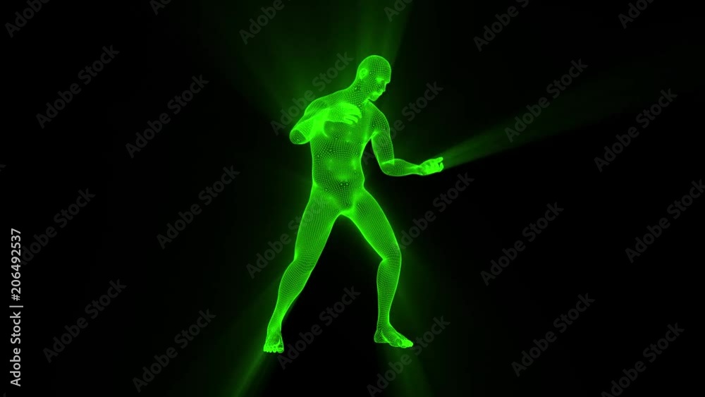 3D Green Wireframe Man with Light Rays Loop Graphic Element 3D Green Wireframe Man with Light Rays Loop Graphic Element