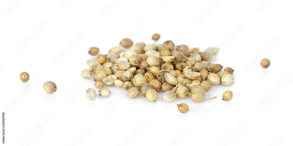 Pile of coriander seeds isolated on white background selective focus Pile of coriander seeds isolated on white background selective focus