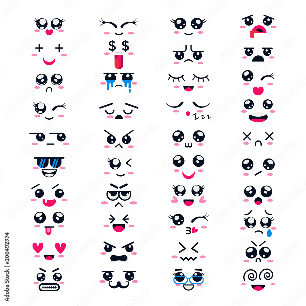 Naklejka premium Kawaii vector cartoon emoticon character with different emotions and face expression collection illustration emotional set of japanese emoji and emotive feelings isolated on white background