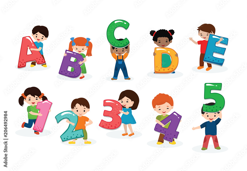 Kids alphabet vector children font and boy or girl character holding