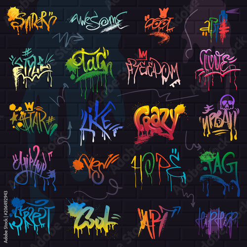 Fototapeta Graffiti wektor graffito napis pociĘ ... giem lub grafika typografii grunge ilustracja zestaw tekst ulicy z miłoś ci miłoś ci wyizolowanych na tle ceglanego muru