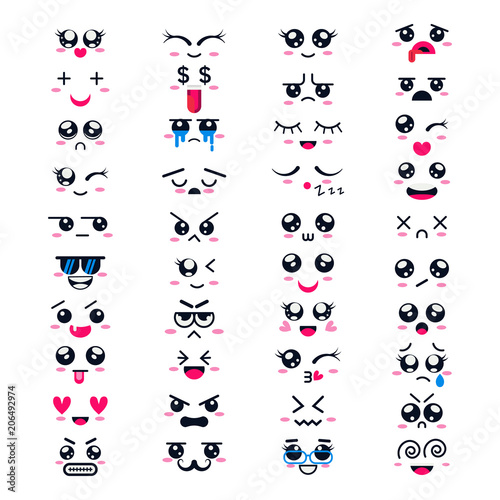 Kawaii vector cartoon emoticon character with different emotions and face expression collection illustration emotional set of japanese emoji and emotive feelings isolated on white background