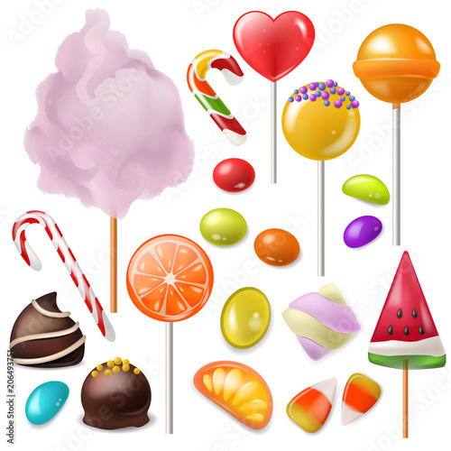Candy vector sweet food dessert lollipop or caramel bonbon in confectionery or candyshop illustration set of candyfloss and sweetie canesugar isolated on white background