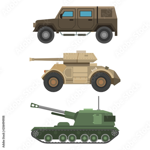 Military transport vector vehicle technic army war tanks and industry armor defense transportation weapon illustration.