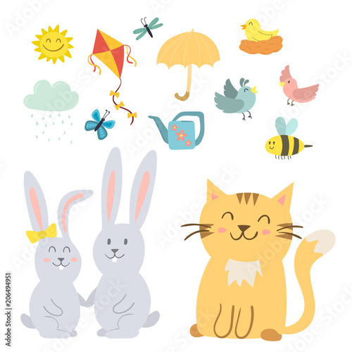 Spring vector natural floral symbols with blossom gardening tools beauty desi...