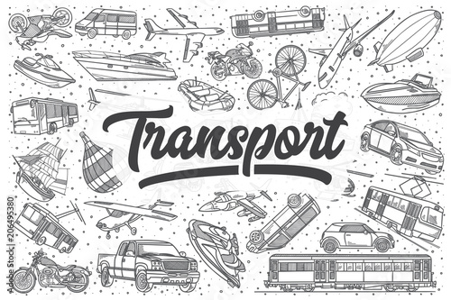 Hand drawn transport vector doodle set.