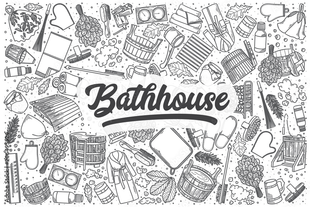 Hand drawn bathhouse vector doodle set.