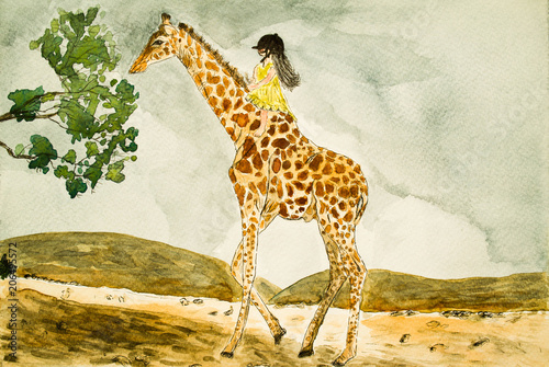 Photography Watercolor painting, Girl on the Giraffe