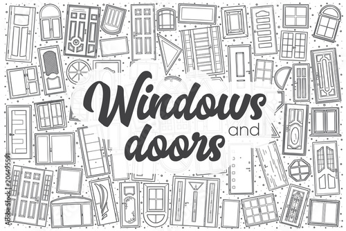 Hand drawn windows and doors vector doodle set.